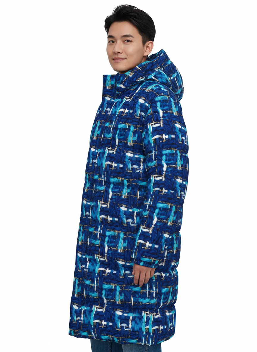 024 NISHIKIx Tweed Print Unisex Long Down Jacket - Prussian Blue