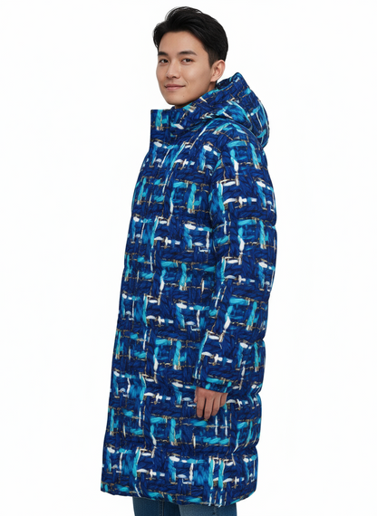 024 NISHIKIx Tweed Print Unisex Long Down Jacket - Prussian Blue