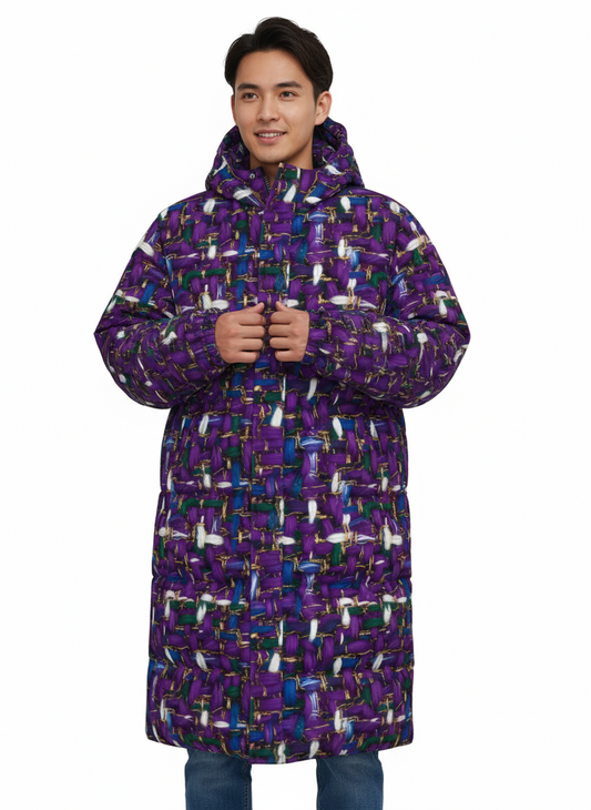 055 NISHIKIx Tweed Print Unisex Long Down Jacket - Purple