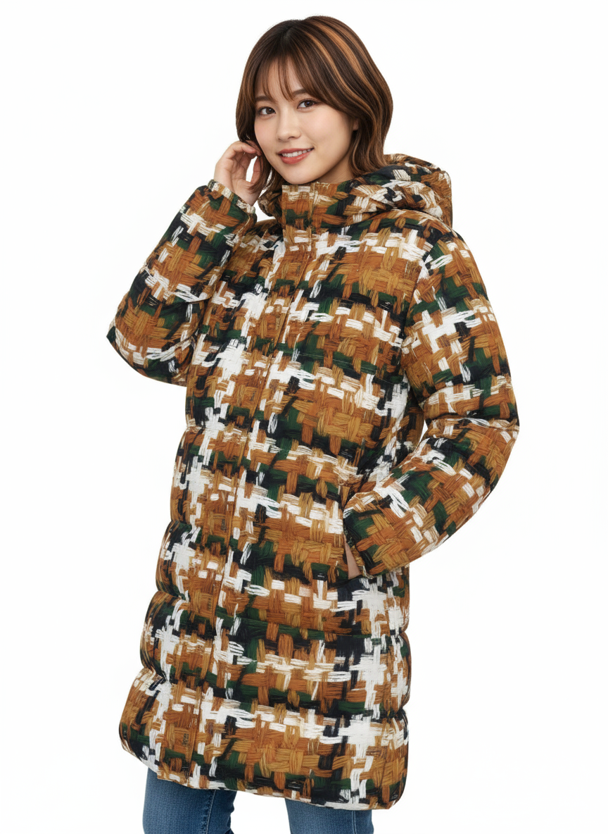 031 NISHIKIx Tweed Print Unisex Long Down Jacket - Raw Sienna