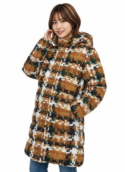 031 NISHIKIx Tweed Print Unisex Long Down Jacket - Raw Sienna