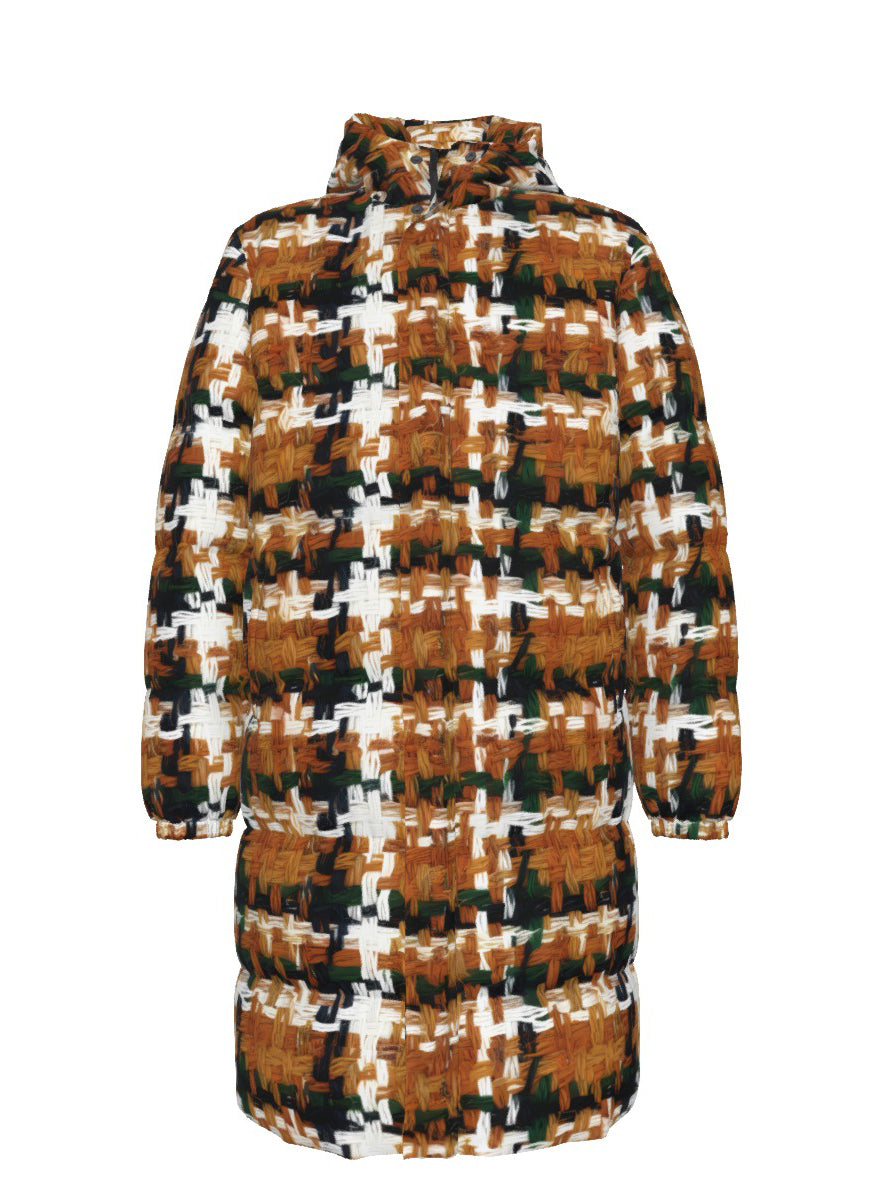 031 NISHIKIx Tweed Print Unisex Long Down Jacket - Raw Sienna