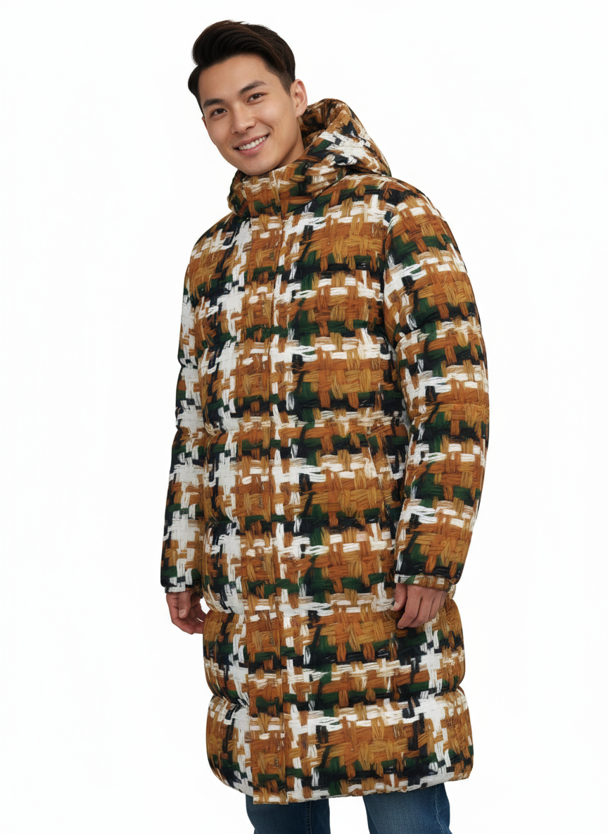 031 NISHIKIx Tweed Print Unisex Long Down Jacket - Raw Sienna