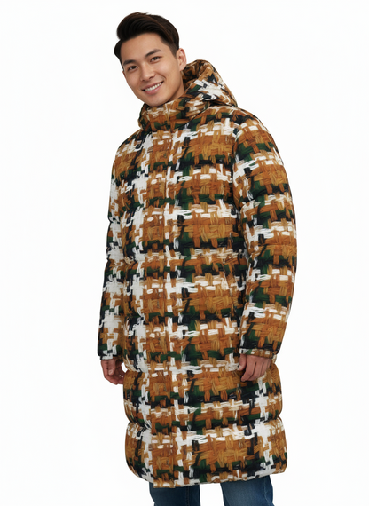 031 NISHIKIx Tweed Print Unisex Long Down Jacket - Raw Sienna
