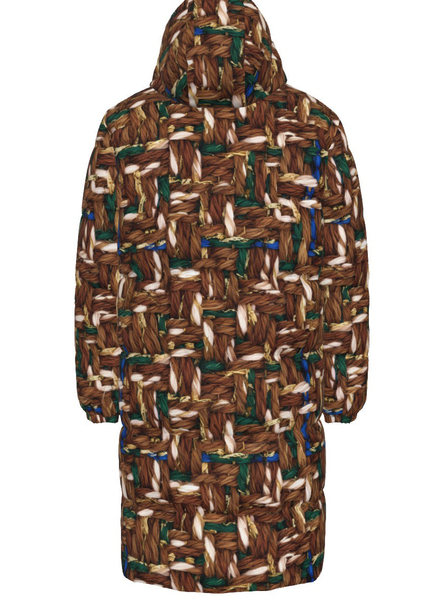 034 NISHIKIx Tweed Print Unisex Long Down Jacket Raw Umber