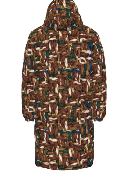 034 NISHIKIx Tweed Print Unisex Long Down Jacket Raw Umber