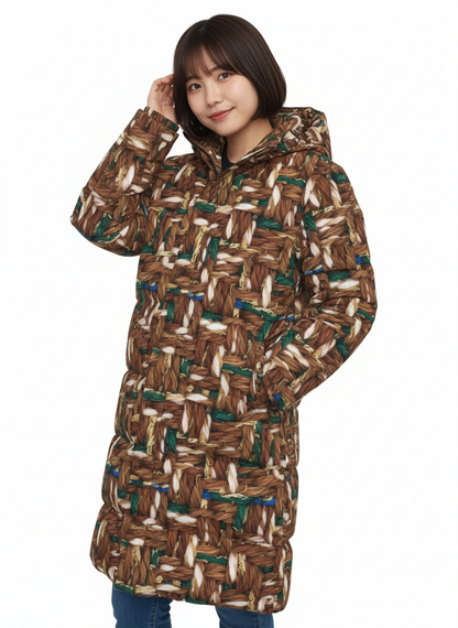 034 NISHIKIx Tweed Print Unisex Long Down Jacket Raw Umber