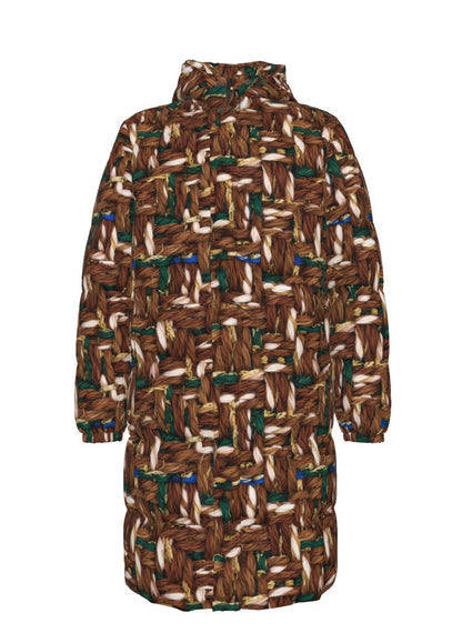 034 NISHIKIx Tweed Print Unisex Long Down Jacket Raw Umber