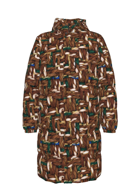 034 NISHIKIx Tweed Print Unisex Long Down Jacket Raw Umber