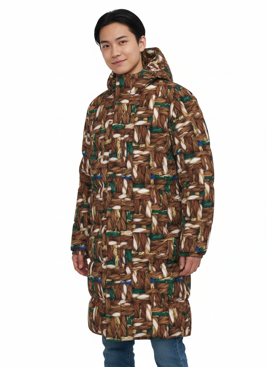 034 NISHIKIx Tweed Print Unisex Long Down Jacket Raw Umber
