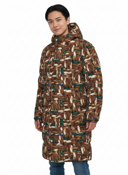 034 NISHIKIx Tweed Print Unisex Long Down Jacket Raw Umber