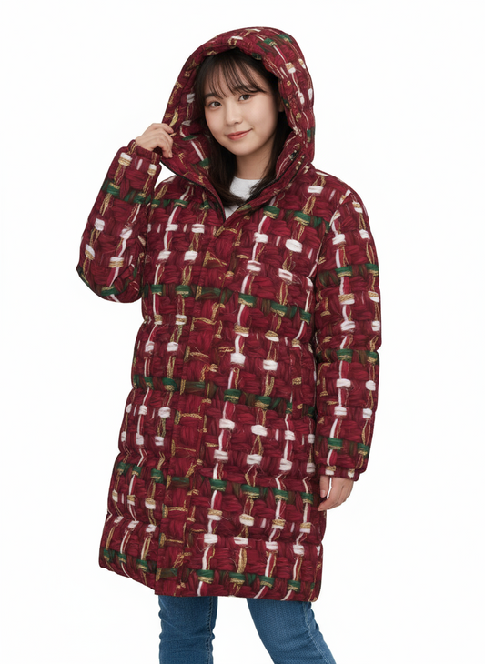 052 NISHIKIx Tweed Print Unisex Long Down Jacket - Red Deep