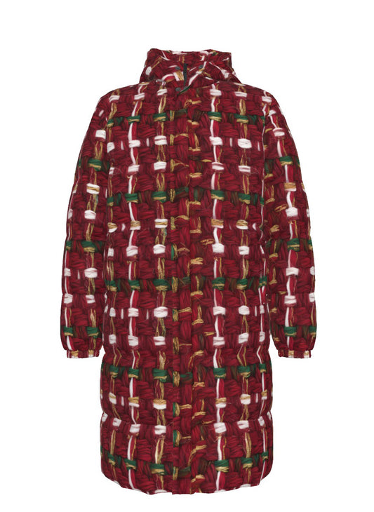 052 NISHIKIx Tweed Print Unisex Long Down Jacket - Red Deep