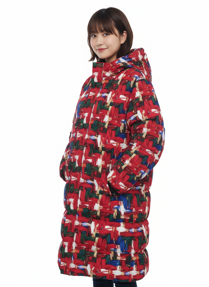 008 NISHIKIx Tweed Print Unisex Long Down Jacket - Red