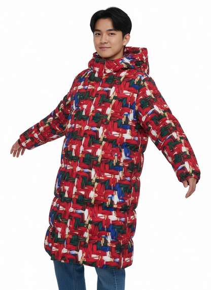 008 NISHIKIx Tweed Print Unisex Long Down Jacket - Red