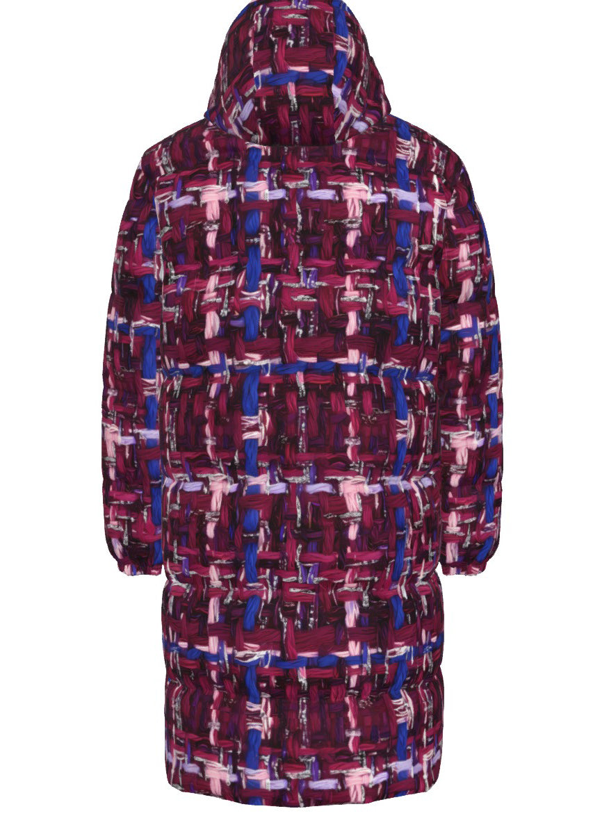 027 NISHIKIx Tweed Print Unisex Long Down Jacket - Red Violet
