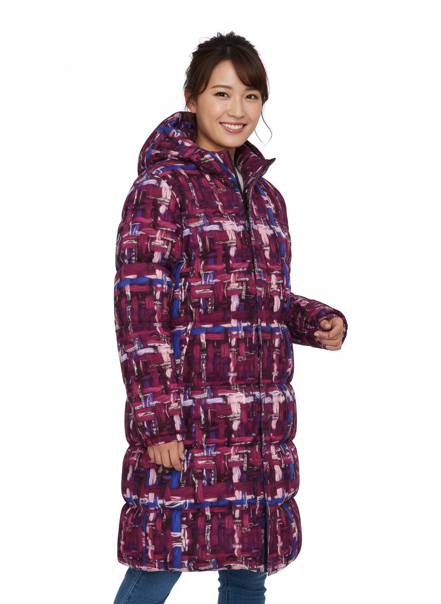 027 NISHIKIx Tweed Print Unisex Long Down Jacket - Red Violet