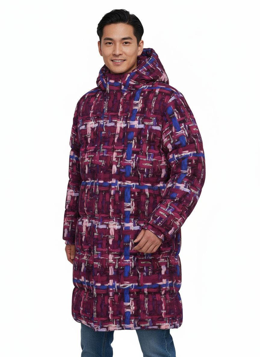 027 NISHIKIx Tweed Print Unisex Long Down Jacket - Red Violet
