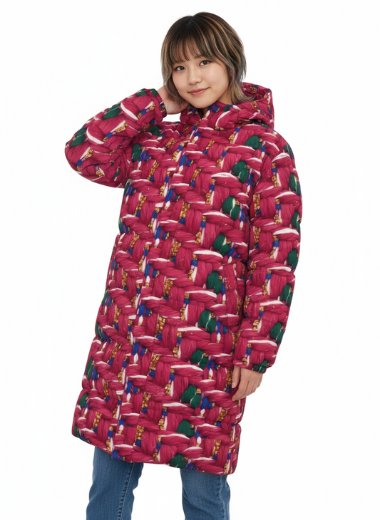 054 NISHIKIx Tweed Print Unisex Long Down Jacket - Rose