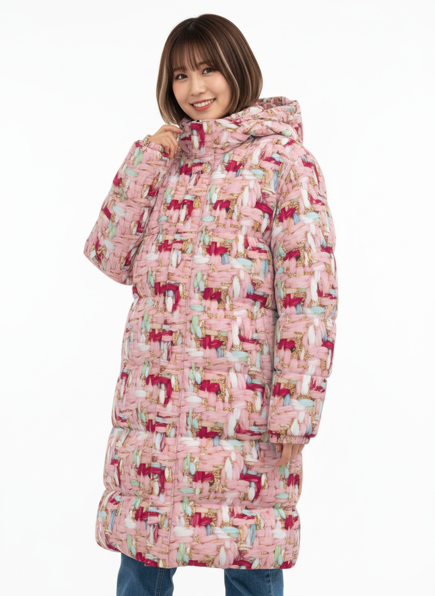 010 NISHIKIx Tweed Print Unisex Long Down Jacket - Rose Pink