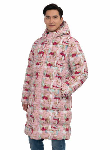010 NISHIKIx Tweed Print Unisex Long Down Jacket - Rose Pink