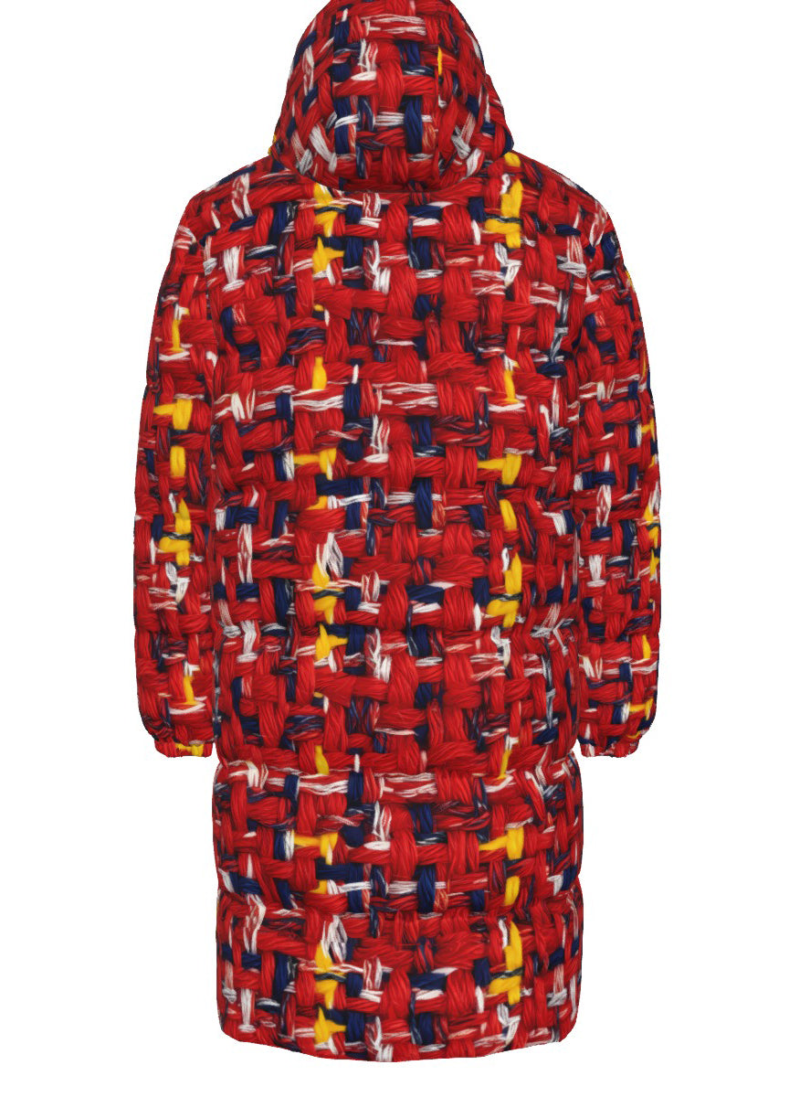 007 NISHIKIx Tweed Print Unisex Long Down Jacket - Scarlet