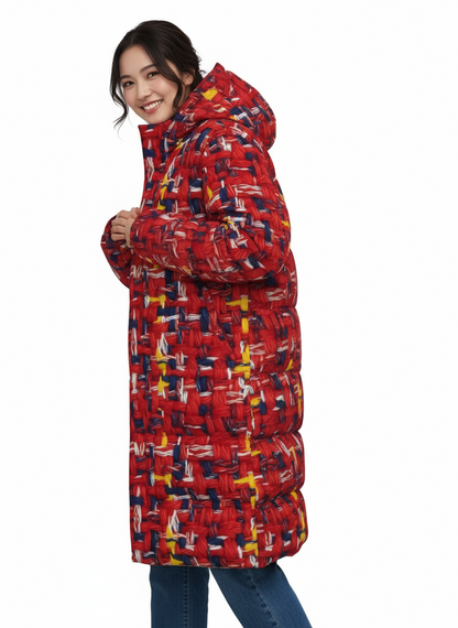 007 NISHIKIx Tweed Print Unisex Long Down Jacket - Scarlet