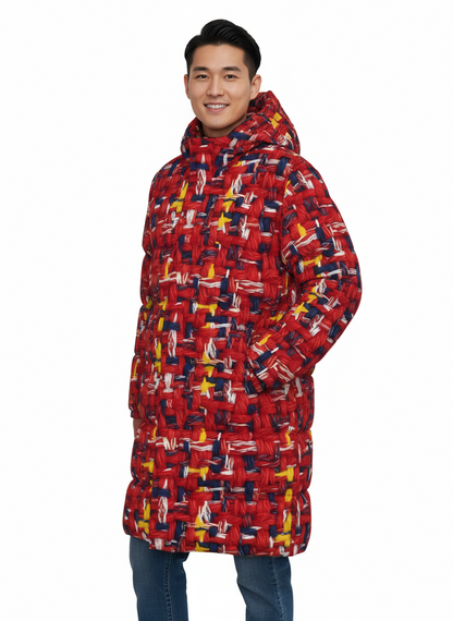 007 NISHIKIx Tweed Print Unisex Long Down Jacket - Scarlet