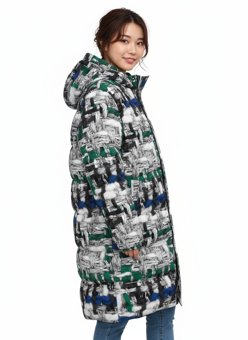 043 NISHIKIx Tweed Print Unisex Long Down Jacket - Silver