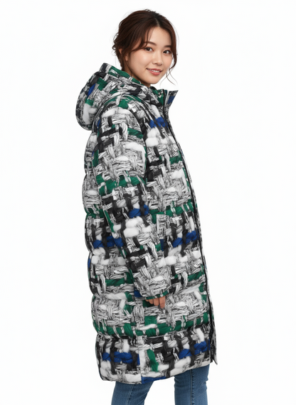 043 NISHIKIx Tweed Print Unisex Long Down Jacket - Silver