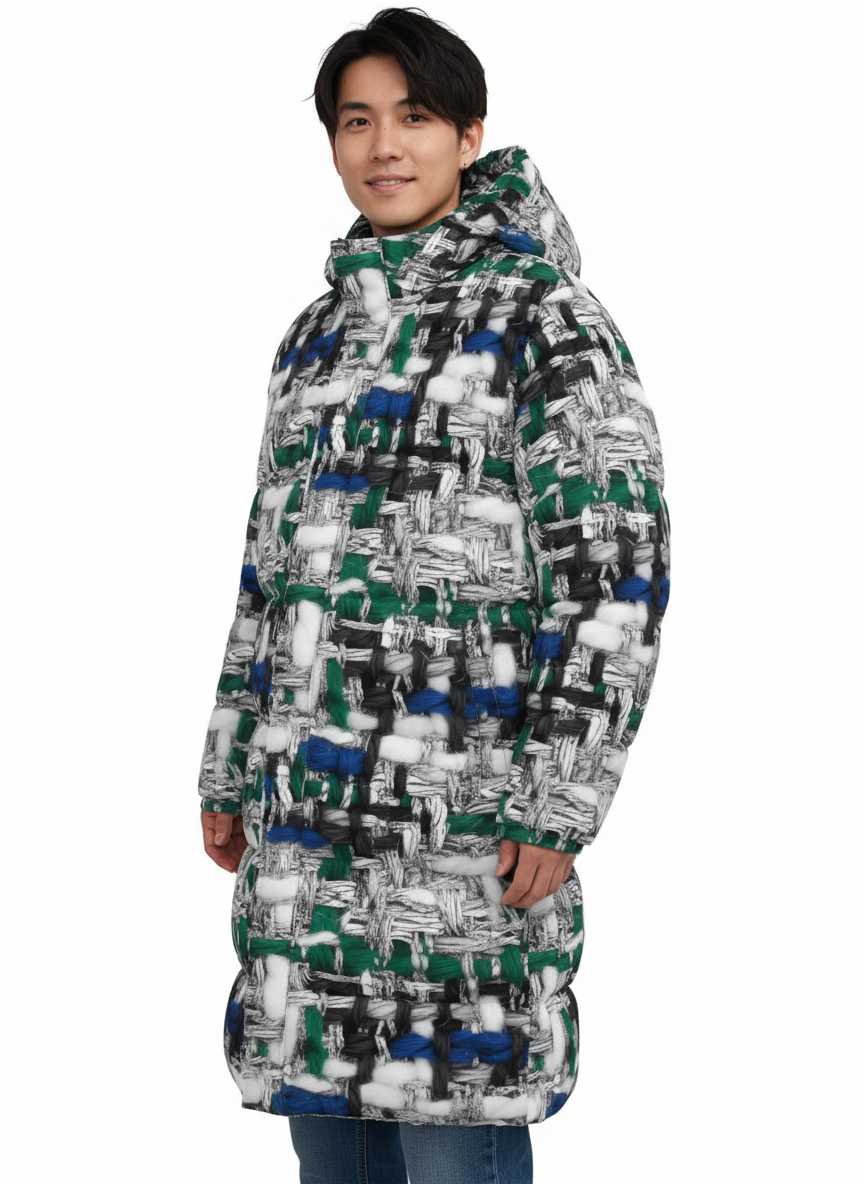 043 NISHIKIx Tweed Print Unisex Long Down Jacket - Silver