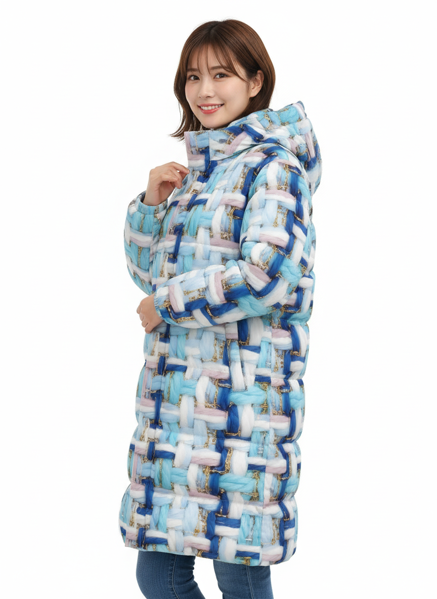 022 NISHIKIx Tweed Print Unisex Long Down Jacket - Sky Blue