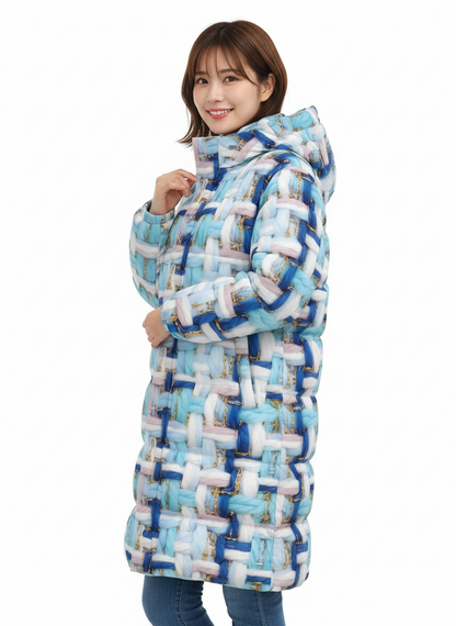 022 NISHIKIx Tweed Print Unisex Long Down Jacket - Sky Blue