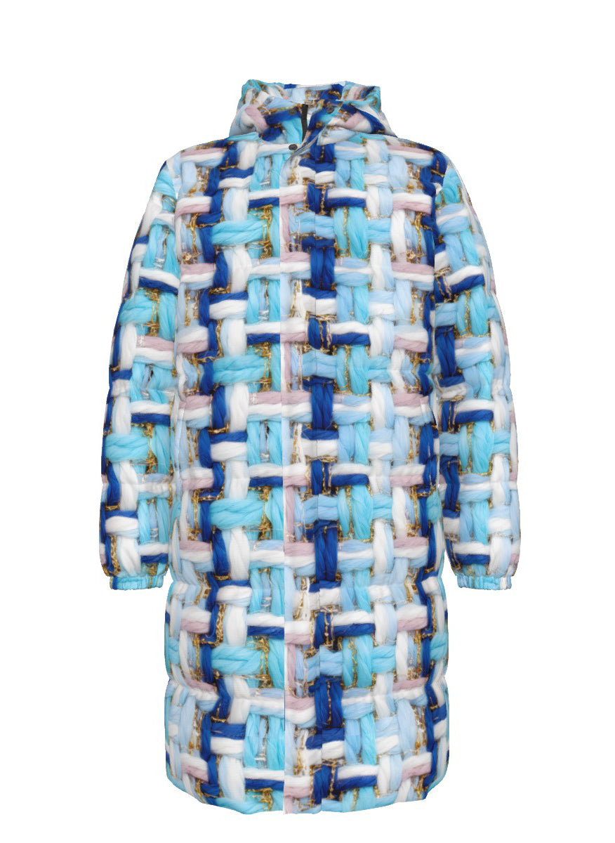 022 NISHIKIx Tweed Print Unisex Long Down Jacket - Sky Blue
