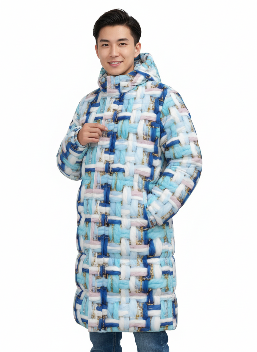 022 NISHIKIx Tweed Print Unisex Long Down Jacket - Sky Blue