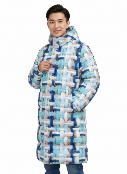 022 NISHIKIx Tweed Print Unisex Long Down Jacket - Sky Blue