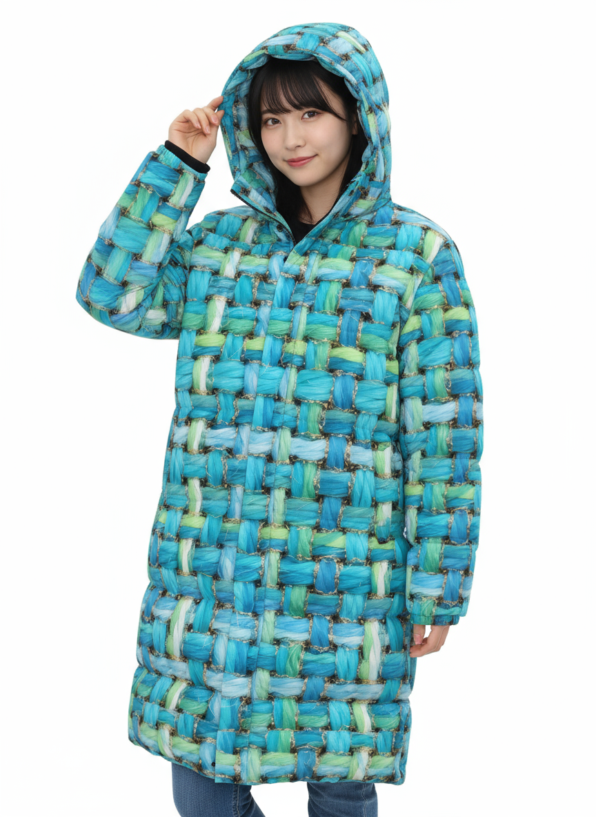 020 NISHIKIx Tweed Print Unisex Long Down Jacket - Turquoise Blue