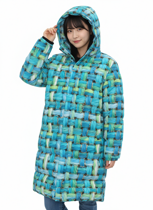 020 NISHIKIx Tweed Print Unisex Long Down Jacket - Turquoise Blue