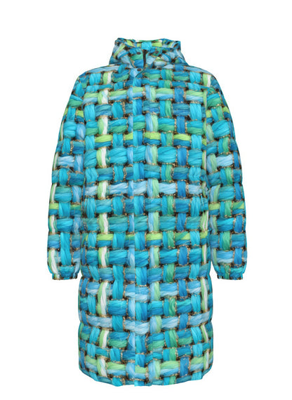 020 NISHIKIx Tweed Print Unisex Long Down Jacket - Turquoise Blue