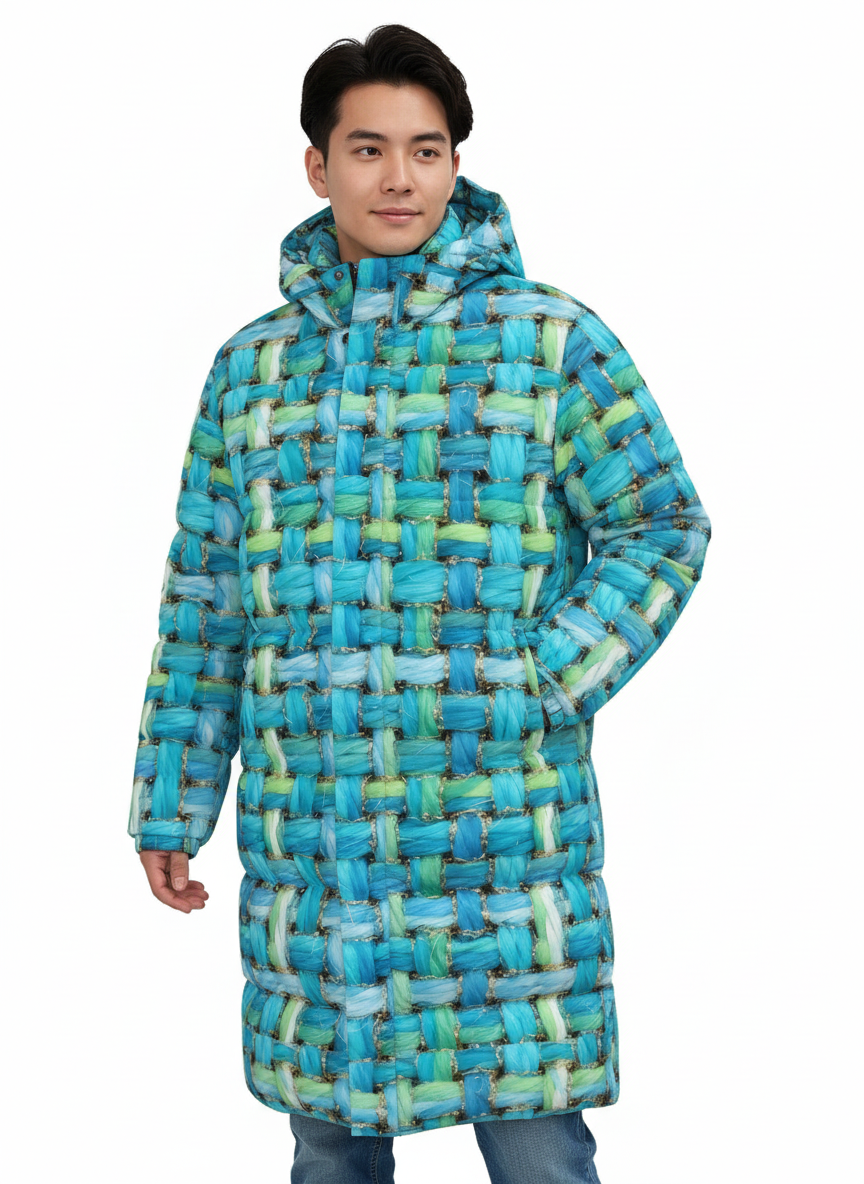 020 NISHIKIx Tweed Print Unisex Long Down Jacket - Turquoise Blue