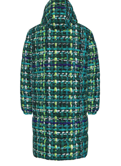 019 NISHIKIx Tweed Print Unisex Long Down Jacket - Turquoise Green