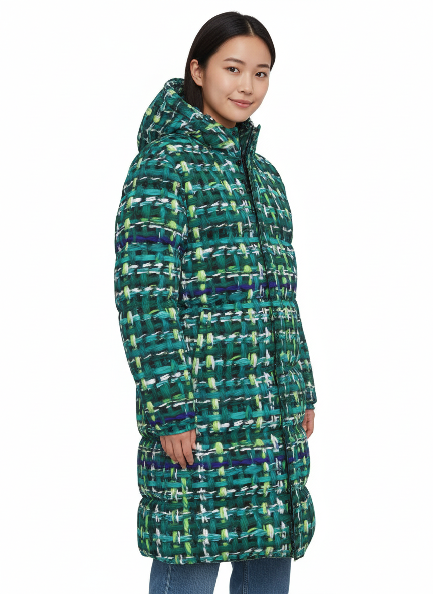 019 NISHIKIx Tweed Print Unisex Long Down Jacket - Turquoise Green