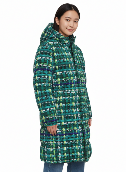 019 NISHIKIx Tweed Print Unisex Long Down Jacket - Turquoise Green