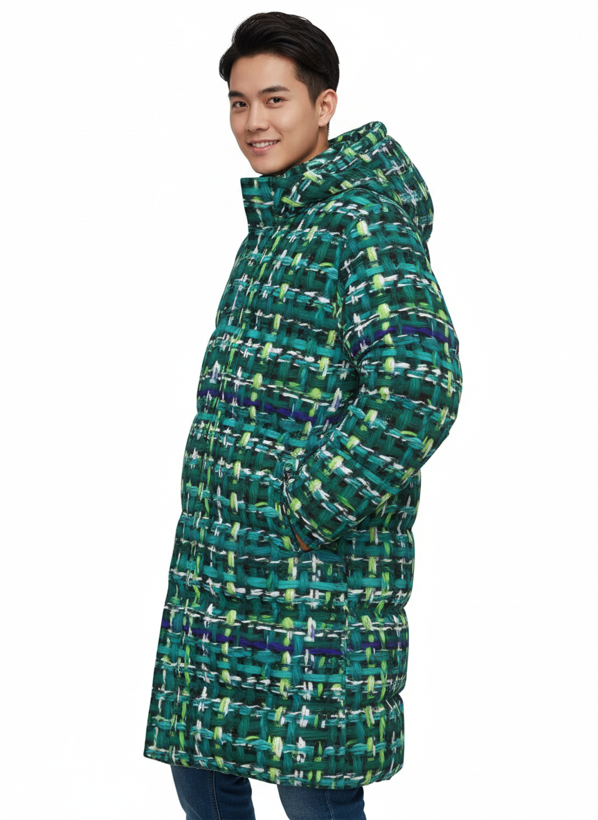 019 NISHIKIx Tweed Print Unisex Long Down Jacket - Turquoise Green