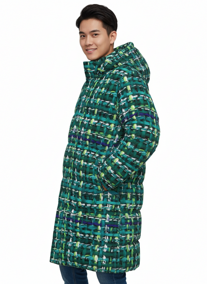 019 NISHIKIx Tweed Print Unisex Long Down Jacket - Turquoise Green