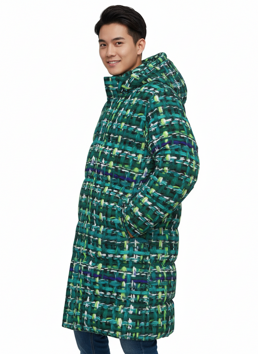 019 NISHIKIx Tweed Print Unisex Long Down Jacket - Turquoise Green