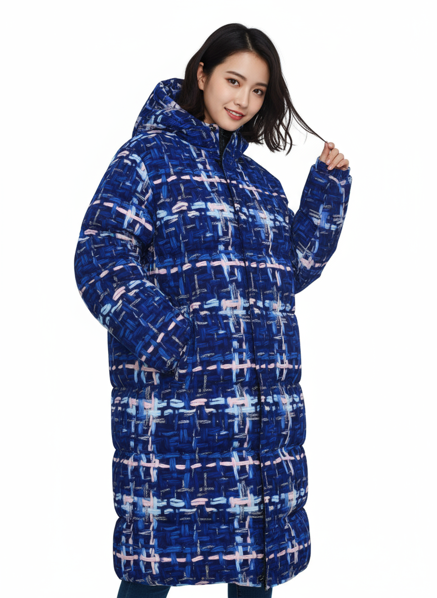023 NISHIKIx Tweed Print Unisex Long Down Jacket - Ultramarine