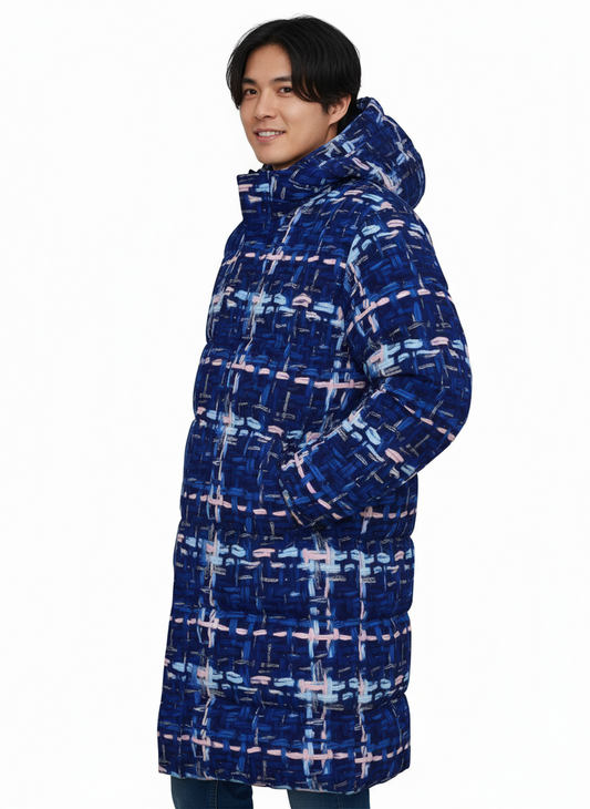 023 NISHIKIx Tweed Print Unisex Long Down Jacket - Ultramarine
