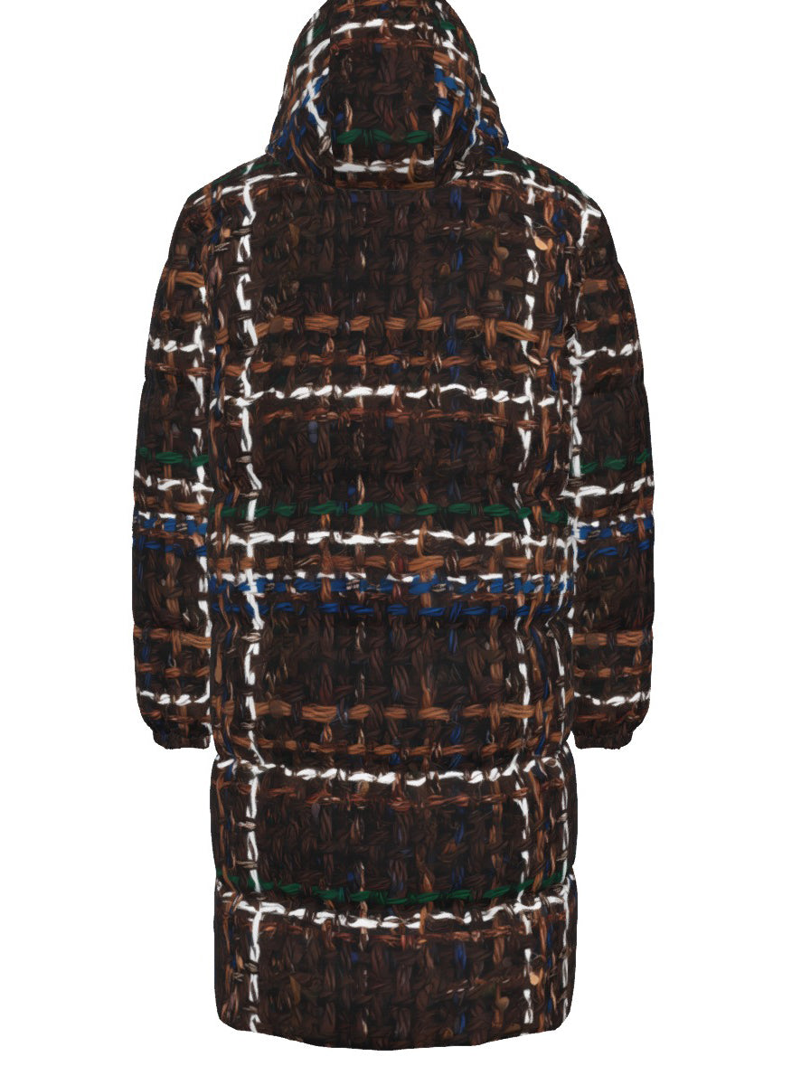 035 NISHIKIx Tweed Print Unisex Long Down Jacket - Vandyke Brown