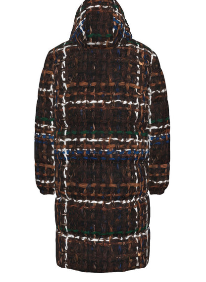 035 NISHIKIx Tweed Print Unisex Long Down Jacket - Vandyke Brown